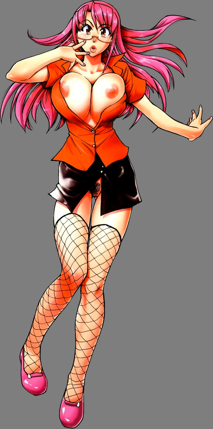 breasts dress_shirt female fishnets glasses highres large_breasts long_hair nipples nosewasure pubic_hair pussy rule34 shiwasu_no_okina shoes skirt transparent_background transparent_png uncensored