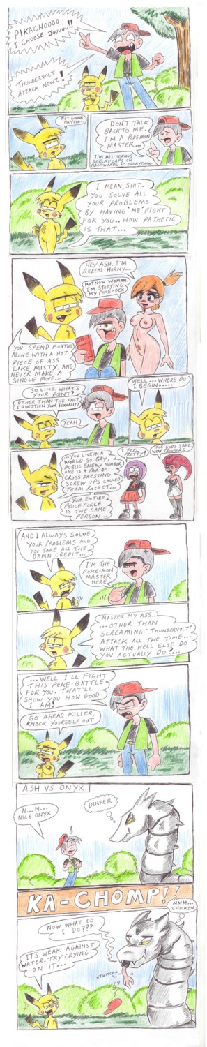 female feral james_(pokemon) jessie_(pokemon) kasumi_(pokemon) neoneko nintendo onix pikachu pokemon rule34 satoshi_(pokemon) vore