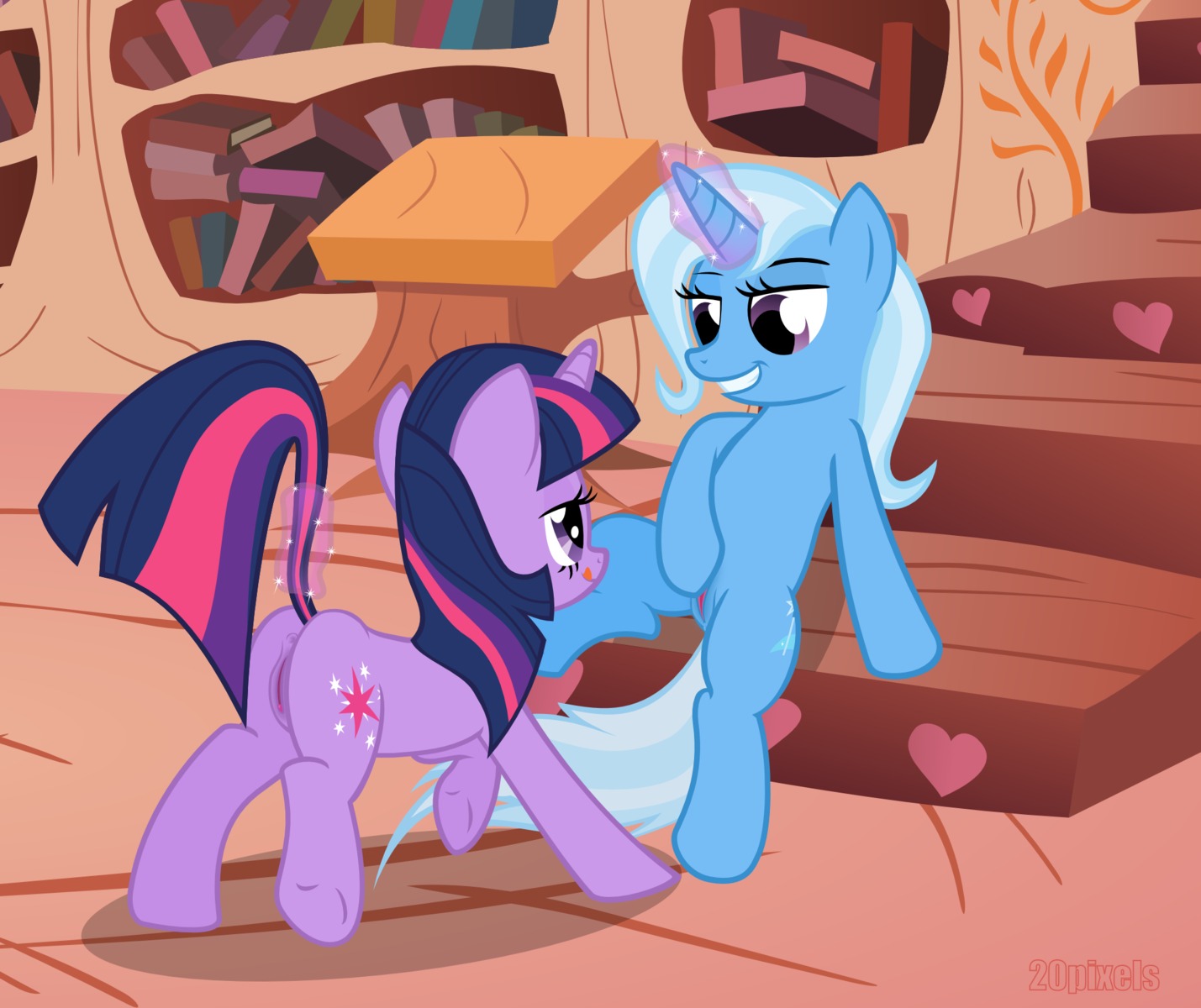 2012 20pixels anus butt cutie_mark duo e621 equid equine female female/female feral friendship_is_magic fur genitals hair hasbro hi_res horn long_hair magic mammal multicolored_hair my_little_pony mythological_creature mythological_equine mythology purple_body purple_eyes purple_fur purple_hair raised_tail smile spread_legs spreading tail tongue tongue_out trixie_(mlp) twilight_sparkle_(mlp) two_tone_hair unicorn vulva