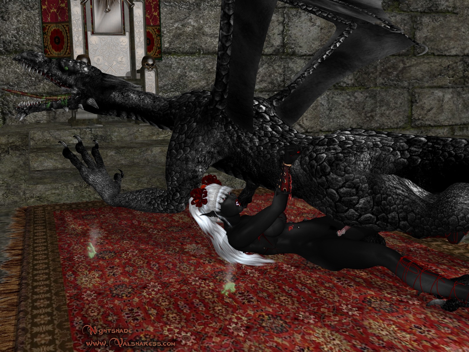 3d_(artwork) 4:3 acid attack bestiality black_lotus blood bodily_fluids breasts chair digital_media_(artwork) dragon drow duo e621 ear_piercing elf facial_piercing female female_on_feral feral forced furniture genital_fluids genitals green_eyes hair hi_res humanoid humanoid_on_feral interspecies long_hair male male/female male_on_humanoid membrane_(anatomy) membranous_wings millennium_dragon mythological_creature mythological_scalie mythology navel navel_piercing nude penis piercing precum quadruped queen red_eyes royalty saliva scalie size_difference tail throne white_hair wings