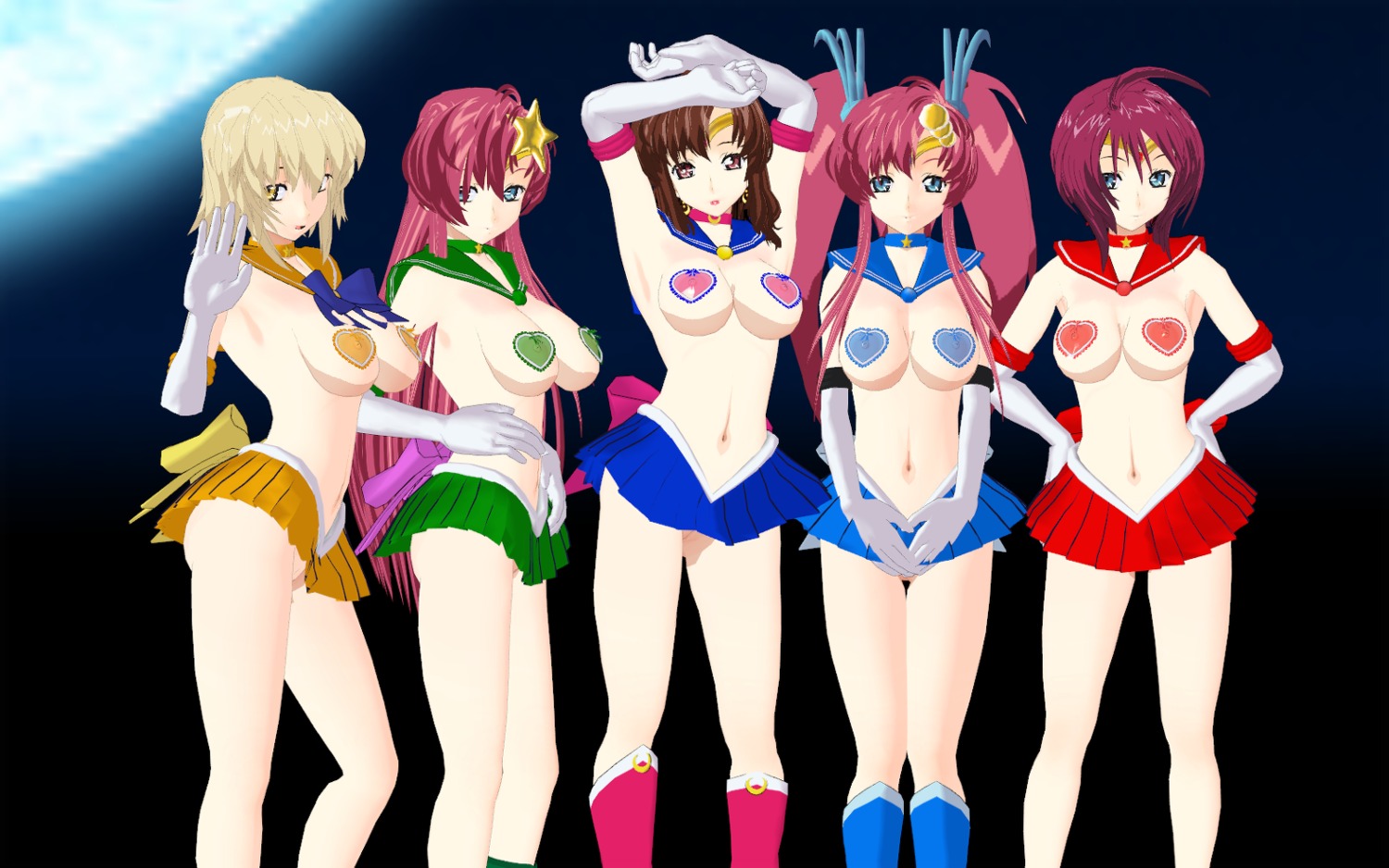 3d 5girls bishoujo_senshi_sailor_moon blue_skirt breasts brown_hair cagalli_yula_athha cleavage clothes clothing cosplay female female_only green_skirt gundam gundam_seed gundam_seed_destiny hair heart_pasties highres humanoid lacus_clyne large_breasts long_hair lunamaria_hawke meer_campbell murrue_ramius parody pasties red_skirt rule34 sailor_moon_(cosplay) shiri short_skirt skirt small_breasts