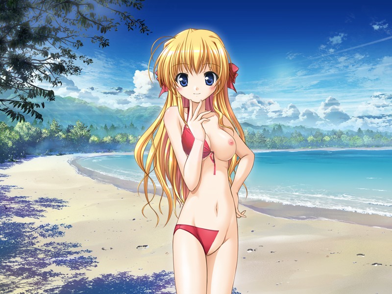 beach bikini blonde_hair blue_eyes blush breasts female fortune_arterial hair_ribbon large_breasts long_hair mizugi pointy_chin rule34 sendou_erika