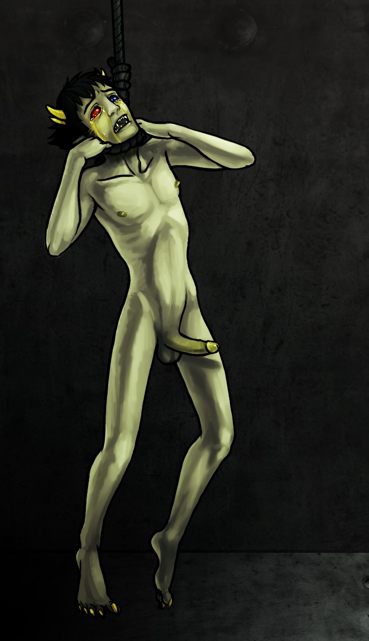 1boy artist_request asphyxiation balls black_background black_hair blue_eyes crying grey_skin hanged homestuck horns imminent_death male male_nipples male_only ms_paint_adventures naked nipples noose open_mouth penis red_eyes rule34 sharp_teeth short_hair sollux_captor solo source_request tears testicles troll