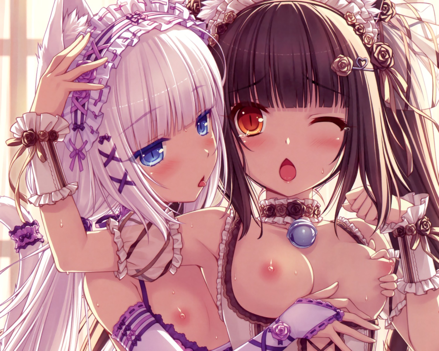 2girls animal_ear bell bell_collar black_hair blush breast_grab breasts cat_girl catgirl chocola_(sayori) female female_only heart lolita_fashion multiple_females multiple_girls nekopara nipples one_eye_closed open_mouth rose rule34 sayori tail tongue tongue_out vanilla_(sayori) wet white_hair yuri