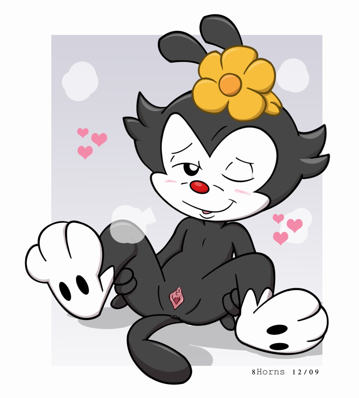 2009 8_horns animaniacs anthro blush color dot_warner female female_only feral flower front_view fur grey_fur huge_head nude presenting_pussy pussy red_nose rule34 sitting solo spread_legs tagme toony white_fur wink