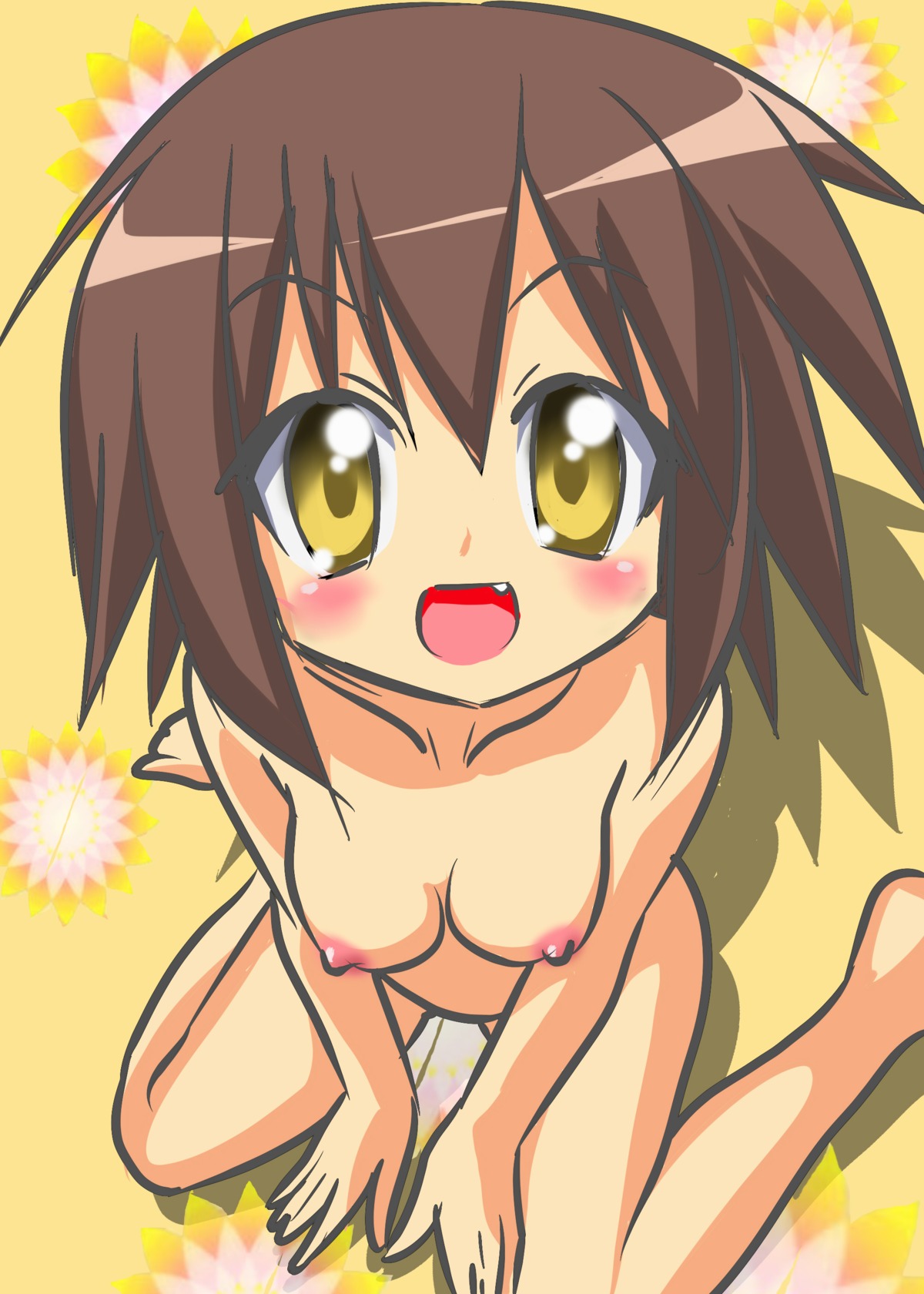 above_view blush breasts brown_hair cute_fang female female_only high_resolution huge_eyes human looking_at_viewer looking_up lucky_star misao_kusakabe nipples nude open_mouth pale_skin pointy_chin rule34 sitting solo yellow_eyes
