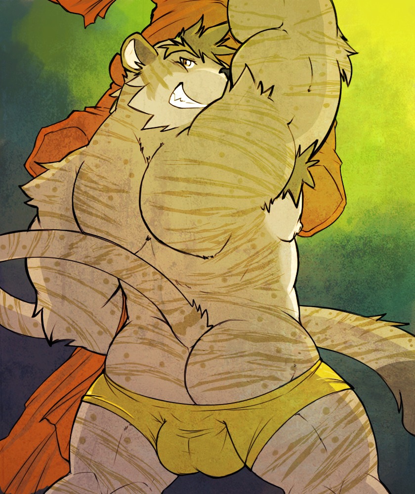 armpit_hair backsack balls biceps big_balls big_muscles body_hair butt clothing e621 felid fur genitals looking_at_viewer looking_back male mammal mooning muscular muscular_male pantherine rear_view rikitsu solo speedo stripes swimwear tail tiger undressing yutari