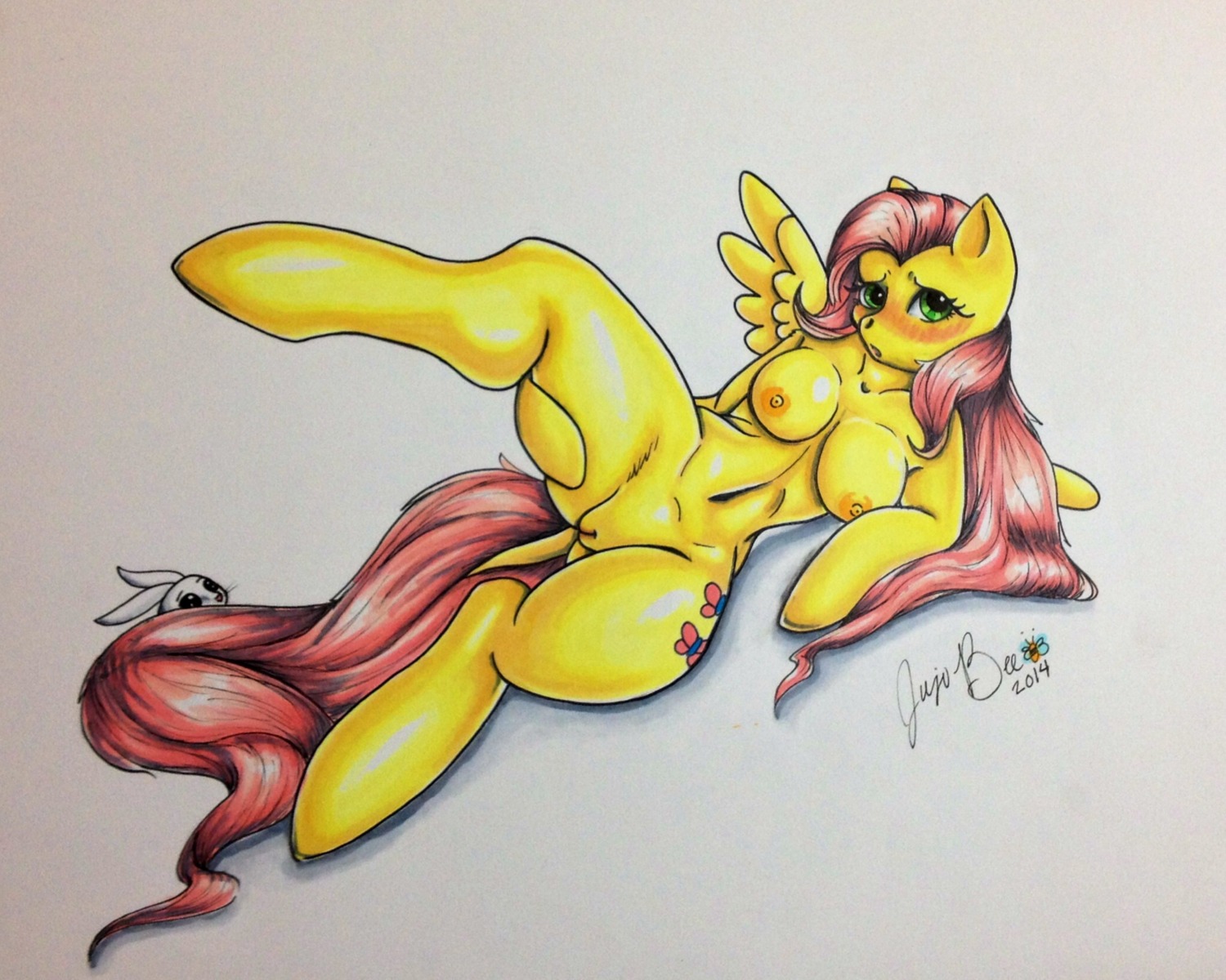2014 ambiguous_gender angel_(mlp) anthro anthrofied blush breasts duo e621 equid equine feathered_wings feathers female feral fluttershy_(mlp) friendship_is_magic fur genitals green_eyes hair hasbro hi_res jujubee lagomorph leporid looking_at_viewer lying mammal my_little_pony mythological_creature mythological_equine mythology nipples pegasus pink_hair presenting presenting_vulva rabbit raised_leg signature simple_background solo_focus vulva white_background wings yellow_body yellow_feathers yellow_fur