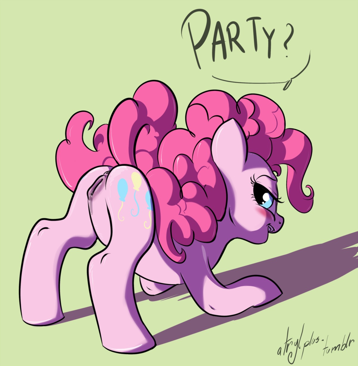 2012 anus atryl blue_eyes blush butt cutie_mark digital_media_(artwork) e621 earth_pony english_text equid equine female feral friendship_is_magic genitals hair hasbro hi_res horse looking_at_viewer mammal my_little_pony pink_hair pinkie_pie_(mlp) pony presenting quadruped simple_background solo tail text vulva