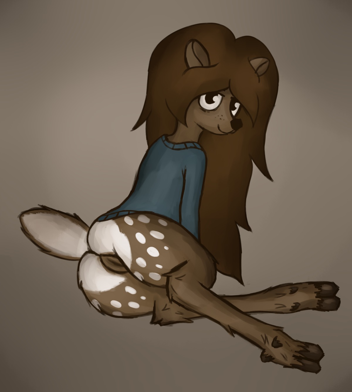 anthro black_nose brown_body brown_fur brown_hair brown_hooves brown_vulva butt clothed clothing deer e621 female fur genitals hair hi_res hooves mammal mpa new_world_deer penny_(mpa) shirt simple_background solo tail topwear vulva white-tailed_deer