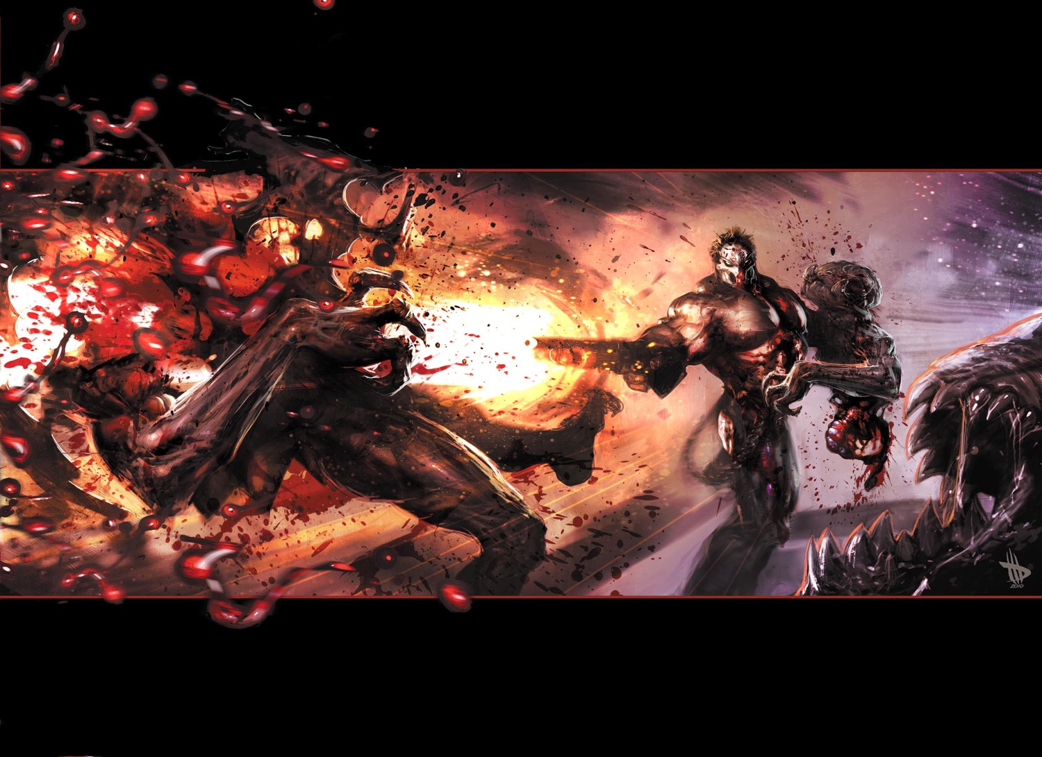 11:8 battle blood bodily_fluids boom dave_wilkins death demon drooling e621 english_text fight gore grotesque_death group gun hi_res horror_(theme) human male mammal monster ranged_weapon rick_taylor saliva shotgun splatterhouse teeth terror_mask text weapon