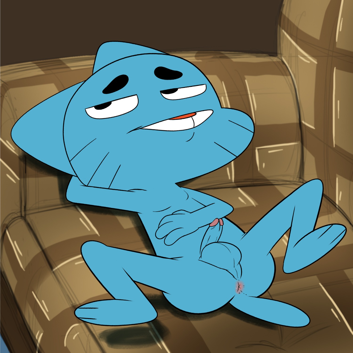 1:1 2014 3_toes anthro anus balls big_head biped black_eyes blue_body blue_fur butt cartoon_network digital_media_(artwork) domestic_cat e621 erection feet felid feline felis fur furniture genitals gumball_watterson half-closed_eyes hi_res hindpaw humanoid_genitalia humanoid_penis jerseydevil looking_away looking_up lying male male_anthro mammal narrowed_eyes nude nude_anthro nude_male on_back on_sofa paws pecs penis perineum presenting presenting_hindquarters sofa solo spread_legs spreading the_amazing_world_of_gumball toes young young_anthro young_male