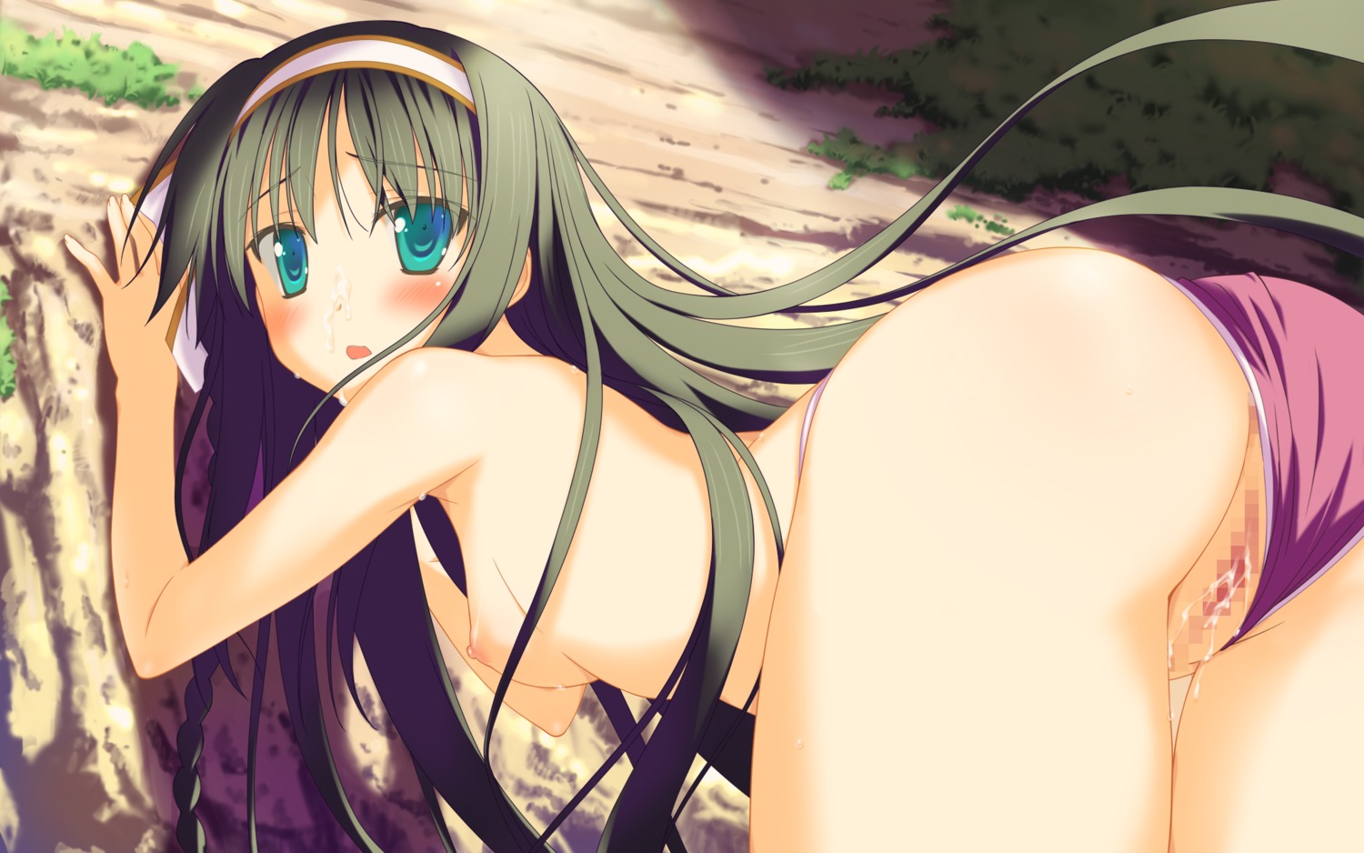 ass black_hair censored female game_cg green_eyes long_hair looking_back nipples oppai panties pussy rule34 vagina