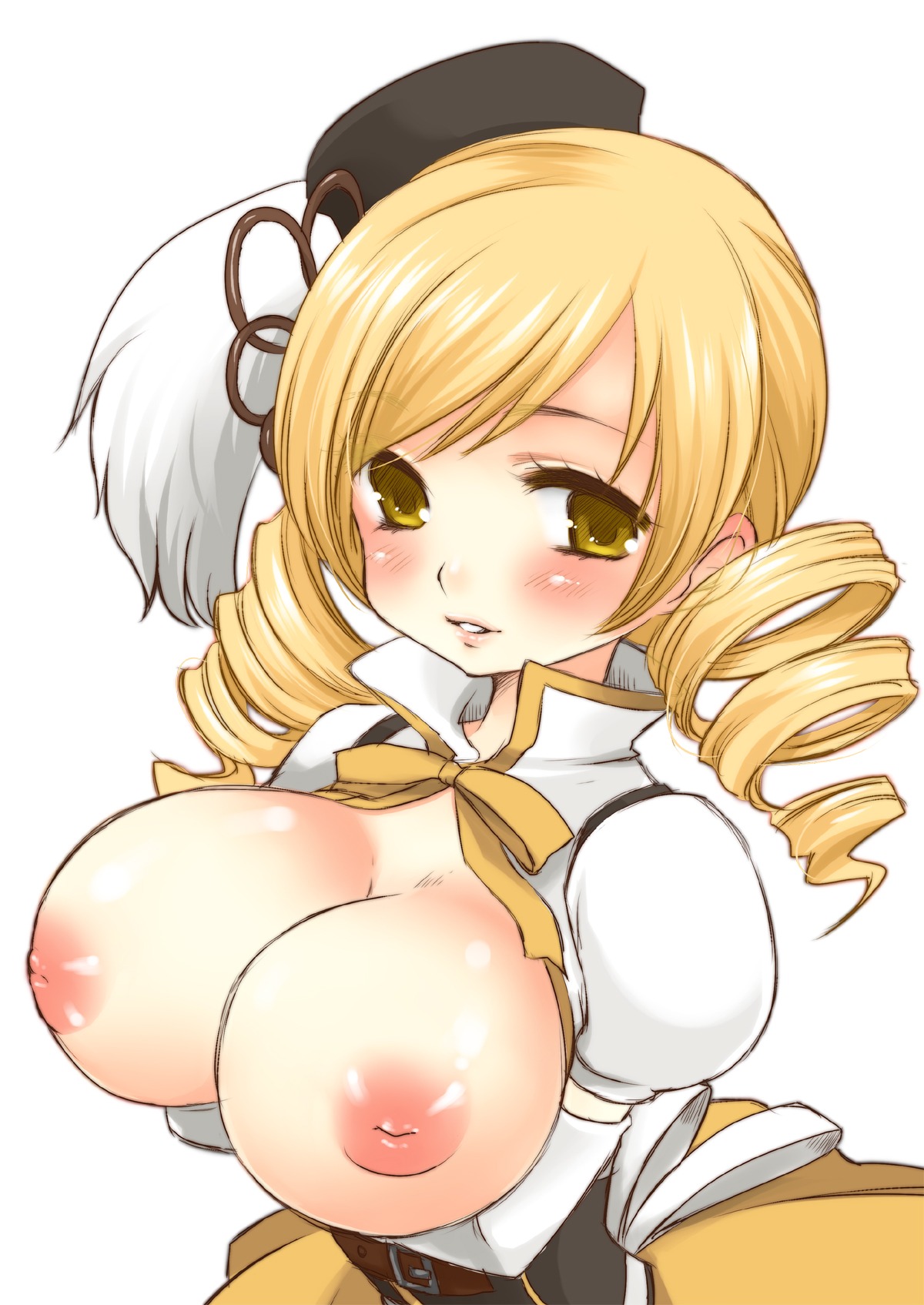 blush breasts female highres ko_ru_ri large_breasts mahou_shoujo_madoka_magica nipples no_bra rule34 smile tomoe_mami