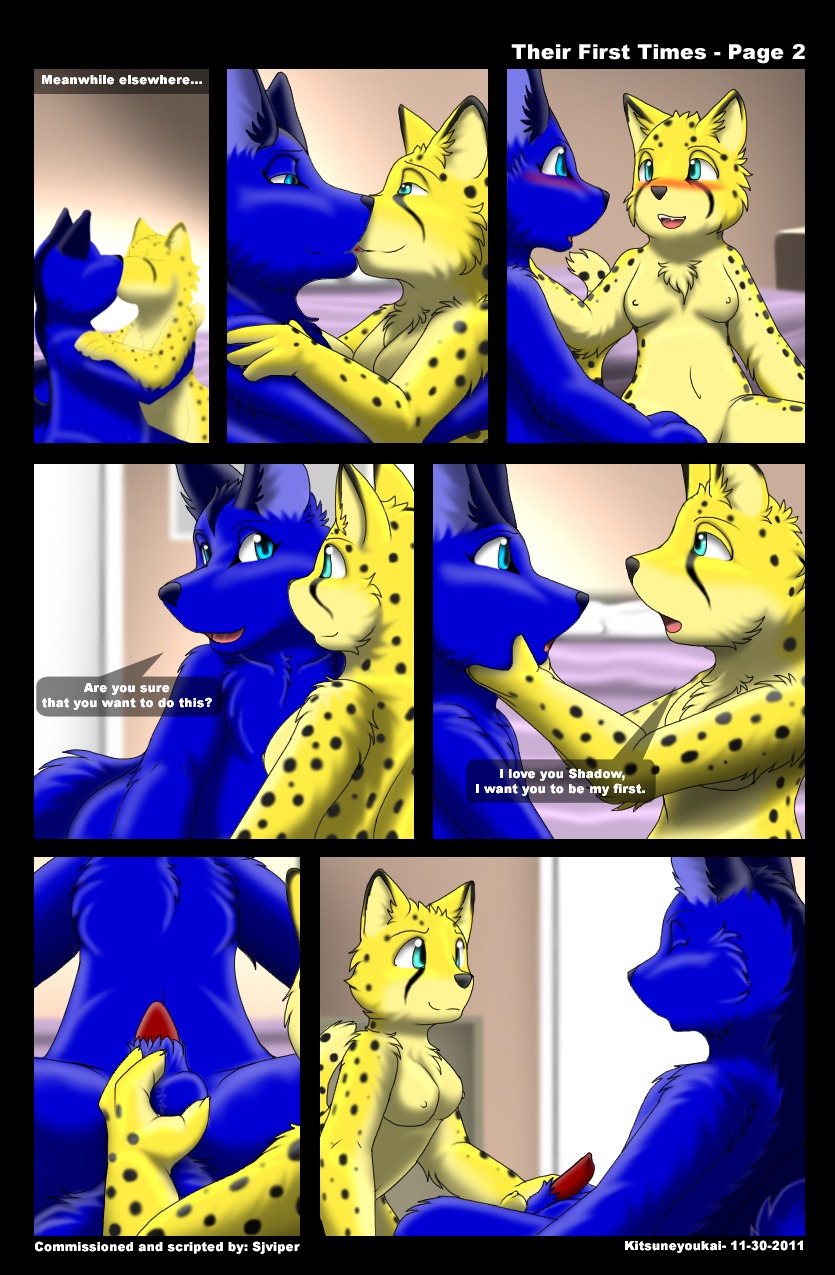 2011 animal_genitalia anthro balls bed breasts canid canine cheetah chest_tuft comic duo e621 english_text erection felid feline female fur furniture genitals handjob hi_res interspecies kissing kitsune_youkai lying male male/female mammal nude on_back penile penis penis_tip sex sheath tail text tuft