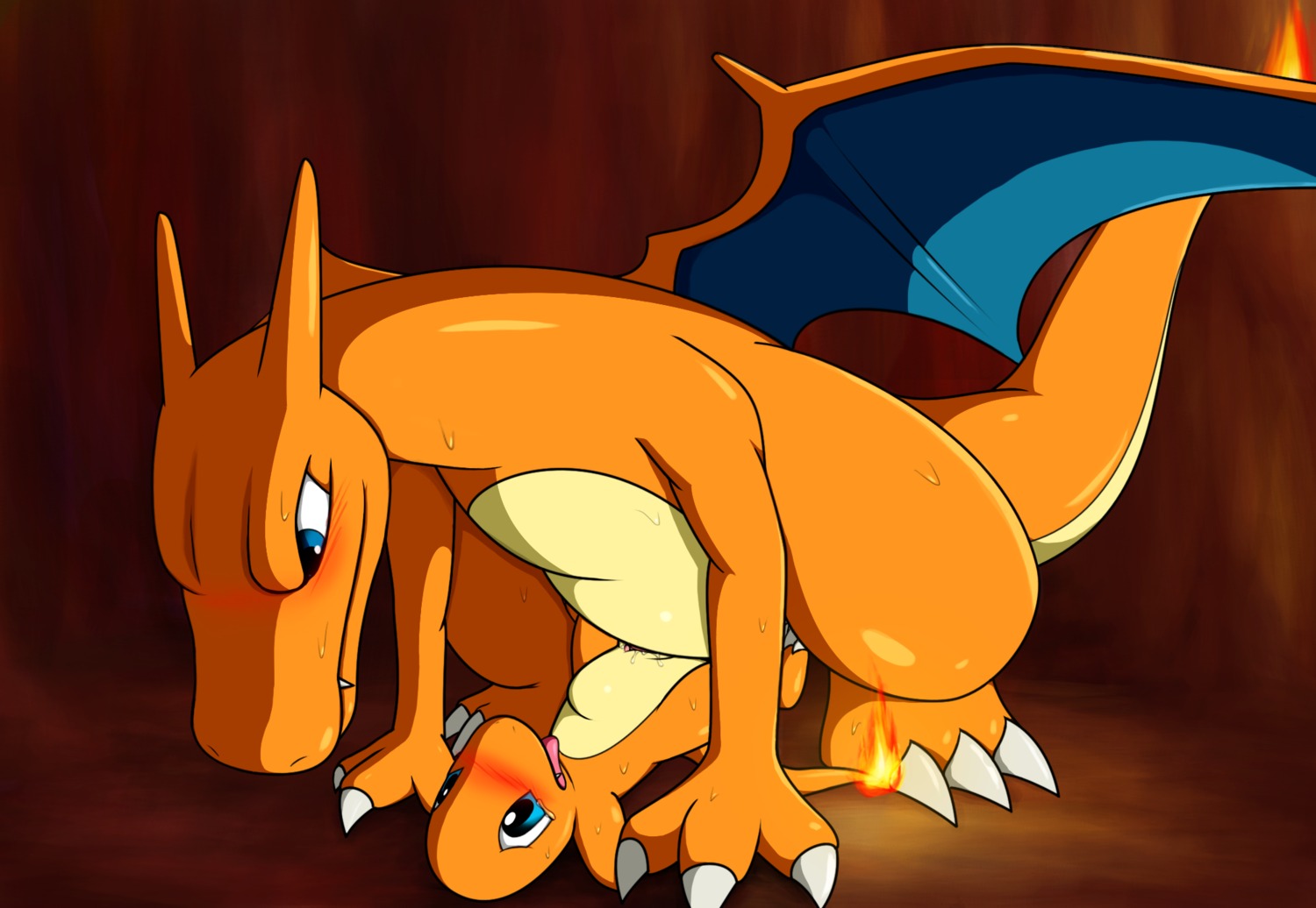3_fingers 3_toes >:) abdominal_bulge all_fours bald barefoot blue_eyes blush bodily_fluids charizard charmander claws dancingchar den dominant dragon duo e621 eye_contact feet female female_penetrated feral fingers fire flaming_tail generation_1_pokemon genitals glistening happy hi_res larger_dom larger_male level_difference lizard looking_at_another looking_down male male/female male_penetrating male_penetrating_female membrane_(anatomy) membranous_wings mythological_creature mythological_scalie mythology nintendo nude open_mouth orange_body orange_skin penetration pokemon pokemon_(species) reptile scalie sex shadow sharp_teeth size_difference slightly_chubby smaller_female smaller_penetrated smile sweat tail teal_body teal_eyes teal_skin teeth toe_claws toes tongue tongue_out vaginal vulva wings yellow_body yellow_skin young