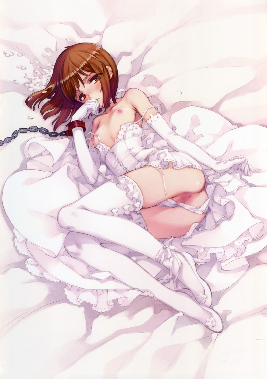 brown_eyes brown_hair censored chains elbow_gloves female flat_chest gloves hagiwara_yukiho highres idolmaster nipples ooyari_ashito oyari_ashito pussy rule34 short_hair strap_slip thighhighs
