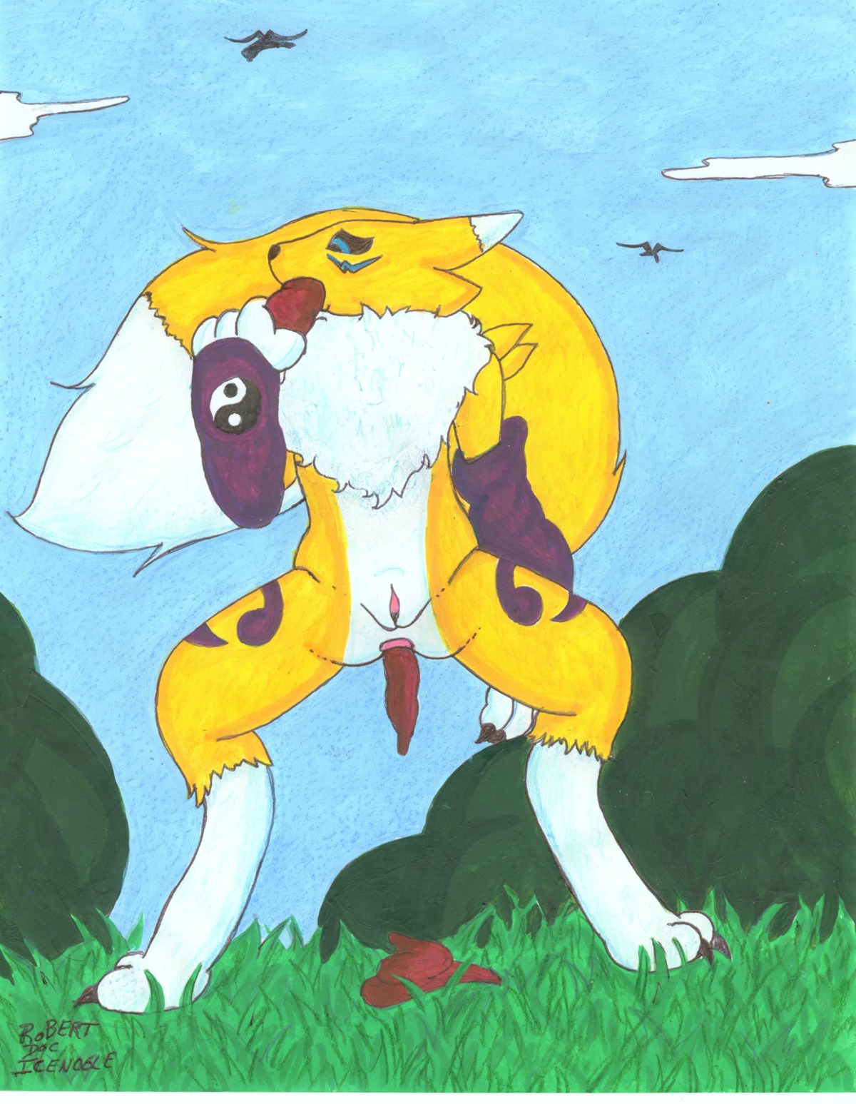 absurd_res anthro anus bandai_namco black_sclera blue_eyes canid canine chest_tuft claws clothing crouching digimon digimon_(species) digitigrade doc_icenogle e621 eating_feces facial_markings feces feces_in_mouth feces_in_own_mouth feet female female_pooping finger_claws fur genitals gloves handwear head_markings hi_res mammal markings outside paws pooping renamon scatplay solo toe_claws toes traditional_media_(artwork) tuft vulva white_body white_fur yellow_body yellow_fur