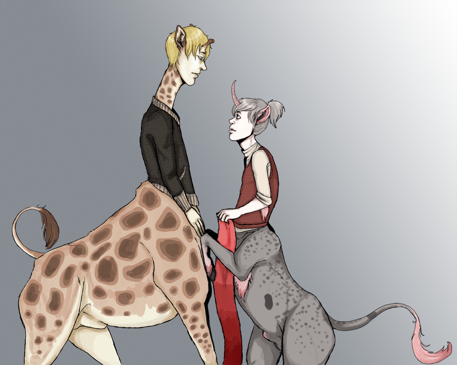 animal_genitalia bent_arm bent_legs blonde_hair blue_eyes bottomless brown_body brown_fur butt centaur clothed clothing duo e621 equid equid_taur equine european_mythology fully_sheathed fur genitals giraffe giraffid giraffid_taur greek_mythology grey_body grey_fur grey_hair gurple1 hair hooves horn humanoid_pointy_ears humanoid_taur long_hair long_neck male male/male mammal mammal_taur mythological_creature mythological_equine mythology ossicone pointy_ears raised_tail scarf sheath short_hair spots sweater sweater_vest tail tail_tuft taur topwear tuft unicorn vest what what_has_science_done