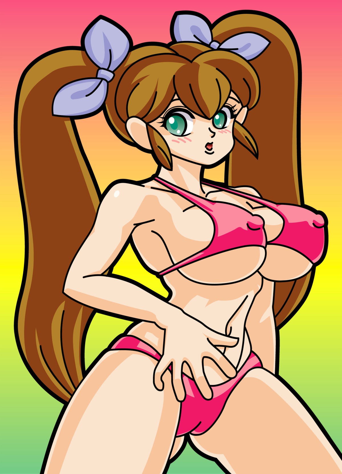 bikini breasts brown_hair cameltoe female green_eyes haruka_sumomo long_hair milky_bar mittu02 nipple_bulge pink_bikini pussy rule34 standing swimsuit tagme tied_hair twintails