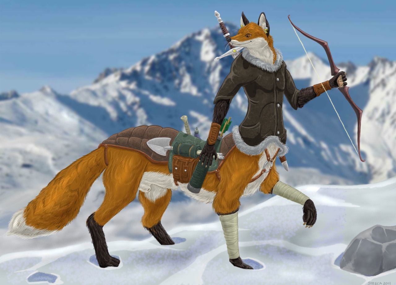 animal_genitalia arrow_(weapon) backpack bow_(weapon) canid canid_taur canine canine_taur detailed_background e621 ear_piercing fluffy fluffy_tail fox fox_taur fully_sheathed fur furgonomics genitals hialfi holding_object holding_weapon looking_back male male_taur mammal mammal_taur orange_body orange_fur outside piercing quiver_(object) ranged_weapon sheath side_view solo standing strega tail taur weapon