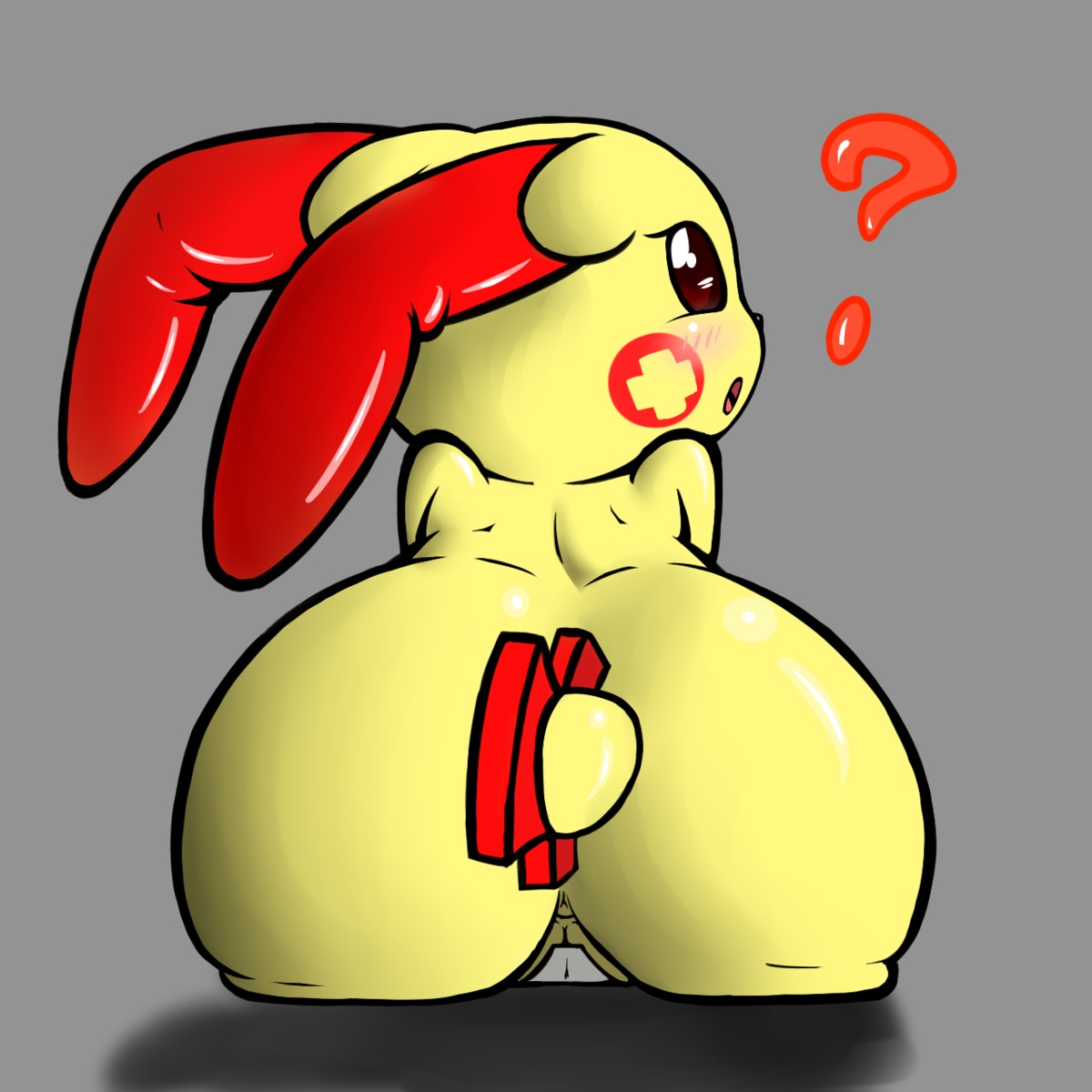 1:1 2012 abstract_background anus big_butt blush butt butt_focus e621 female generation_3_pokemon genitals hi_res looking_at_viewer looking_back nintendo nude plusle pokemon pokemon_(species) question_mark rear_view red_eyes roy_mccloud simple_background solo vulva