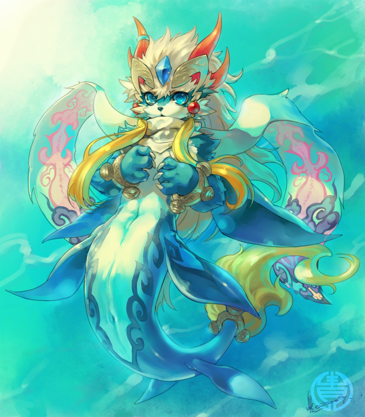 2009 ambiguous_gender anus aquatic arm_tuft bandai_namco black_nose blue_body blue_eyes blue_fin blue_fur blue_skin blue_theme bracelet canid canine canis cheek_tuft claws color_contrast diamonds_(suit) domestic_dog dragon e621 ear_piercing ear_ring facial_tuft fin forehead_gem fur gem hair hi_res horn horn_jewelry horn_ring hybrid jeacn jewelry legless looking_at_viewer male mammal mostly_nude mythological_creature mythological_scalie mythology navel pastel_theme piercing piercing_eyes red_horn ring ring_(jewelry) ring_piercing scalie scarf scarf_only shaorune shoulder_tuft signature solo suit_symbol tail tail_tuft tales_of_(series) tales_of_rebirth tuft underwater water white_body white_fur white_hair white_scarf white_skin
