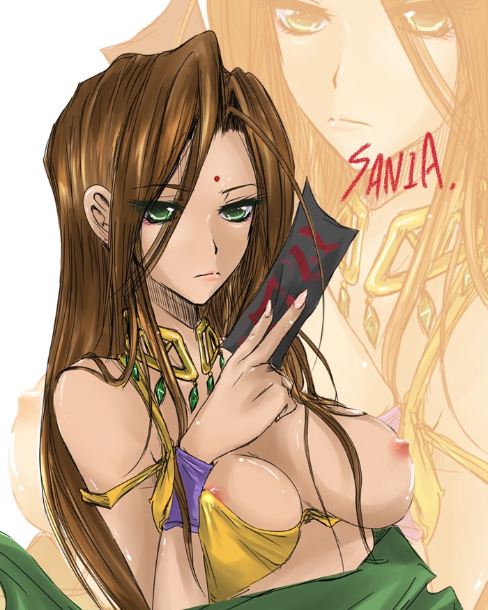 arc_the_lad arc_the_lad_ii breasts brown_hair card cards choker female green_eyes long_hair nipples rule34 sania solo tan_skin twins7 wardrobe_malfunction wristband