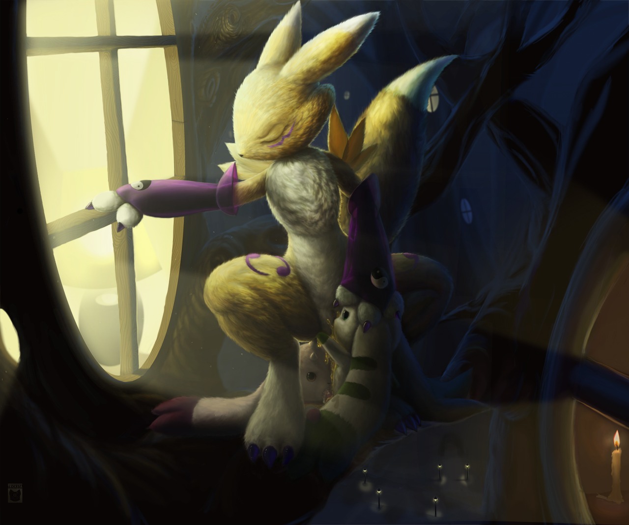 3_fingers 3_toes ambiguous_gender anthro barefoot black_nose blue_eyes brown_eyes candle canine claws closed_eyes cum cum_in_mouth cum_inside cunnilingus day digimon digimon_(species) fellatio female fingerless_gloves fire fox fur furry_ears furry_tail gloves green_eyes green_fur hand_on_head horns indoors insertion interspecies lagomorph licking long_ears lopmon male multicolored_eyes nude open_eyes oral oral_insertion peeing penis pointy_ears purple_fur pussy rabbit raised_tail renamon rule34 size_difference squatting tail terriermon tricksta unknown_gender urinating urinating_female urination urine white_fur window yellow_fur