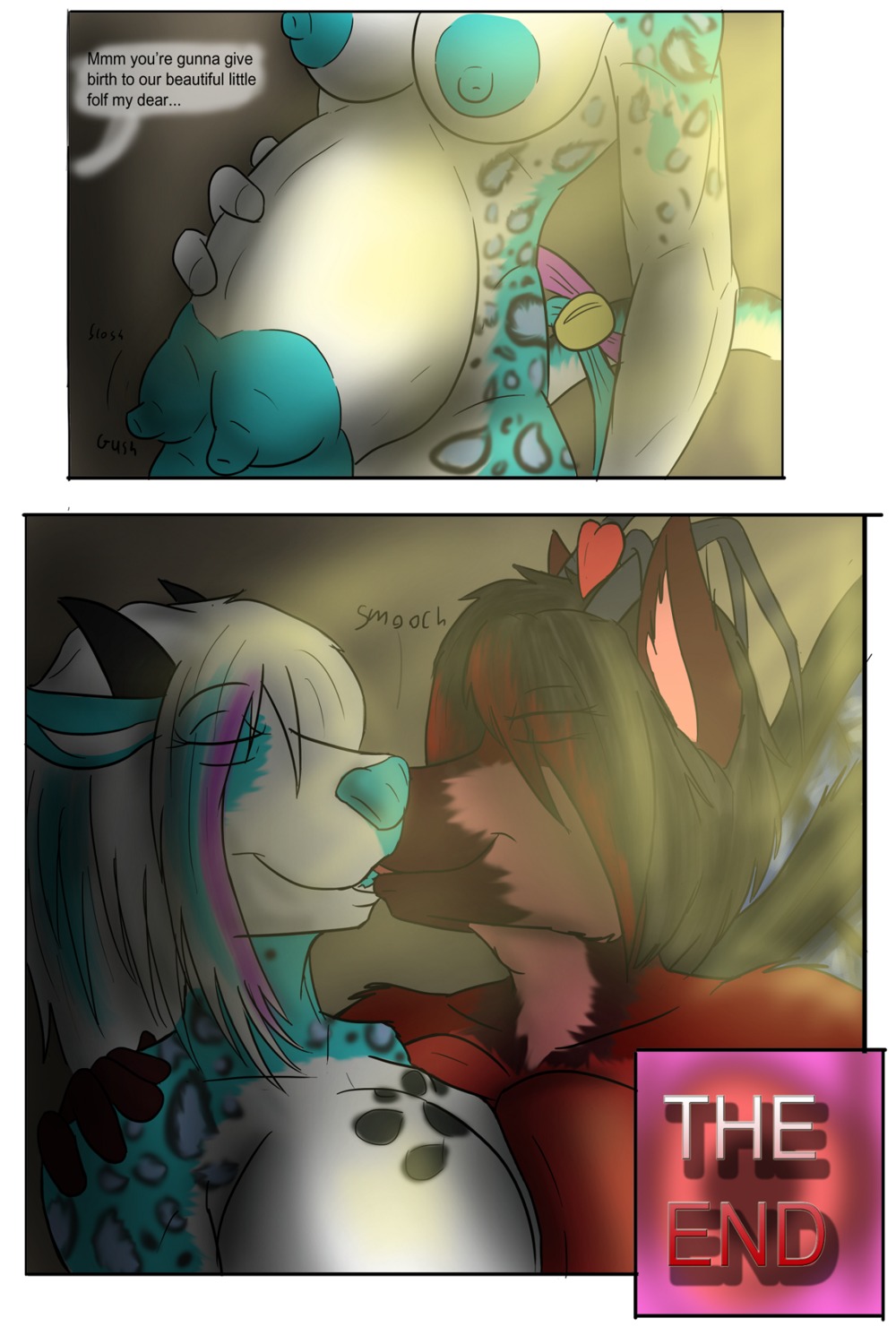 2:3 anal anthro belly big_belly bovid bovine butt canid canine comic digital_media_(artwork) duo e621 english_text female french_kissing hi_res kissing krista_komatsu makarimorph mammal pregnant ruby_doulton slightly_chubby tail teats text transformation udders