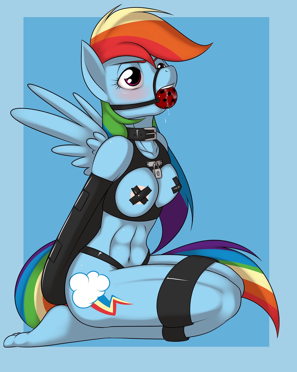 2012 4:5 anthro anthrofied ball_gag bdsm biped blue_body blue_feathers blue_fur blush bodily_fluids bondage bound breastless_clothing breasts breathable_gag cleavage cloth clothed clothing collar cutie_mark digital_media_(artwork) drooling e621 equid equine feathered_wings feathers female friendship_is_magic fur gag gagged hair hasbro hi_res kloudmutt long_hair looking_at_viewer mammal multicolored_hair multicolored_tail my_little_pony mythological_creature mythological_equine mythology navel nipple_tape pasties pegasus purple_eyes rainbow_dash_(mlp) rainbow_hair rainbow_tail saliva sitting solo submissive submissive_female tail tape wing_boner wings