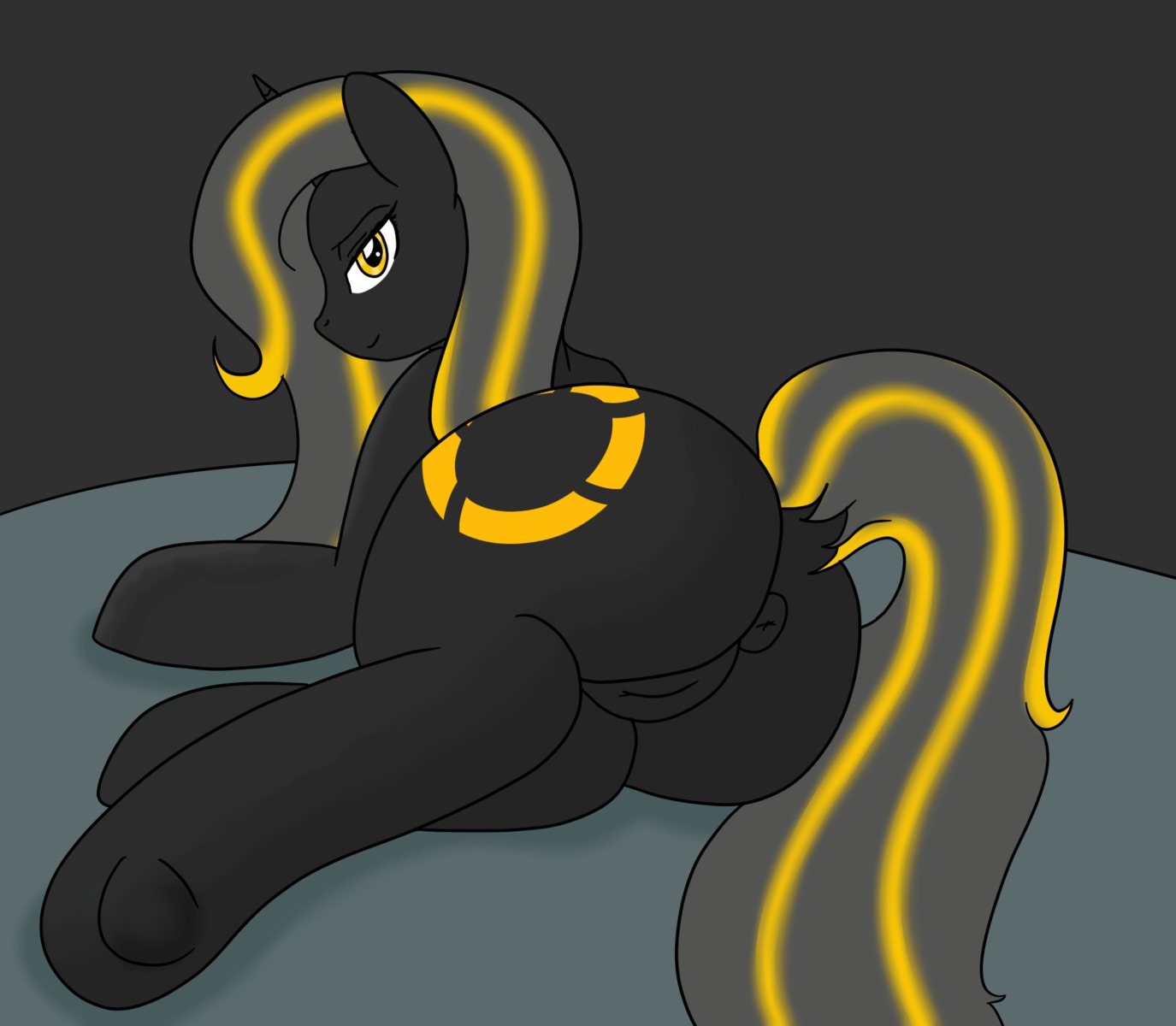 alternate_species anus aperture_logo artificial_intelligence black_body black_fur black_hair blonde_highlights butt crossover cutie_mark e621 equid equine female feral fur genitals glados hair hasbro hi_res highlights_(coloring) horn horse looking_back lying machine mammal my_little_pony mythological_creature mythological_equine mythology on_side ponification pony portal_(series) presenting robot simple_background smile solo traced unicorn valve valve_corporation vulva yellow_eyes