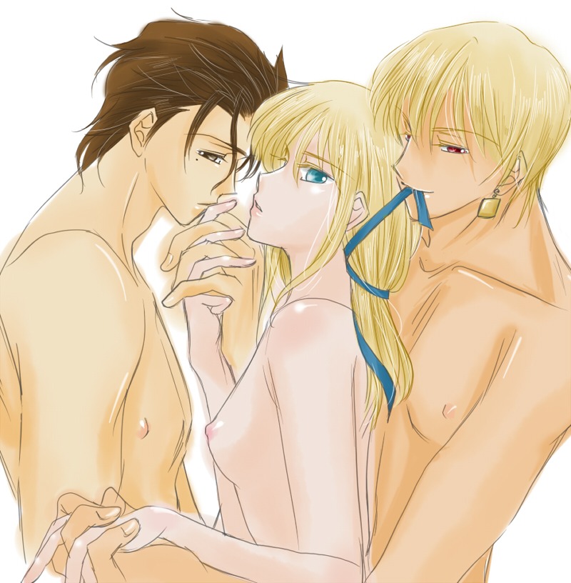 1girls 2boys artoria_pendragon diarmuid_ua_duibhne diarmuid_ua_duibhne_(fate) fate/stay_night fate/zero fate_(series) female gilgamesh gilgamesh_(fate) lancer male mmf_threesome rule34 saber white_background