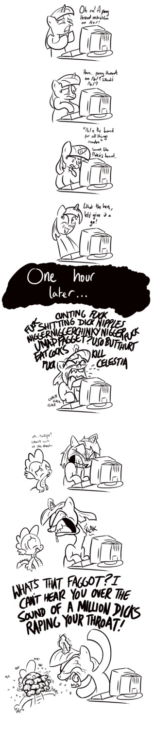 2011 4chan absurd_res angry asphyxiation black_and_white bloodshot_eyes choking comic computer descent dialogue digital_drawing_(artwork) digital_media_(artwork) disembodied_penis dragon e621 electronics english_text epithets equid equine female feral forced forced_oral friendship_is_magic genitals group hasbro hi_res homophobia homophobic_slur horn line_art long_image magic male male/male male_penetrated male_penetrating male_penetrating_male mammal monochrome my_little_pony mythological_creature mythological_equine mythological_scalie mythology naive oral penetration penis profanity progression racial_slur racism rape scalie sex slur solo_focus spike_(mlp) tail tall_image text the_truth throat twilight_sparkle_(mlp) unicorn unknown_artist yelling