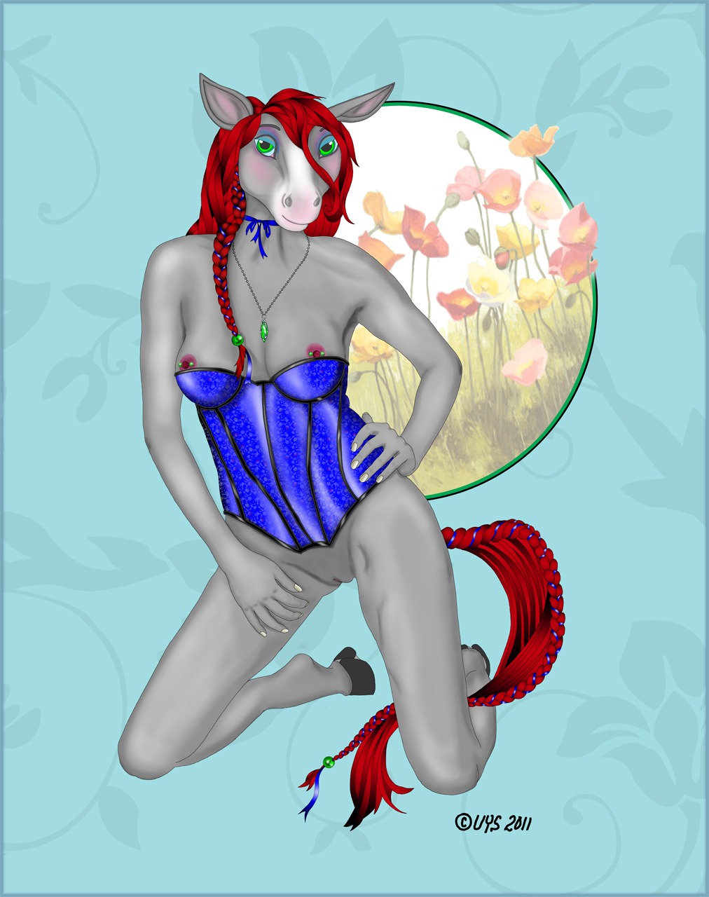 anthro beads biped braided_hair breasts bustier clothing corset e621 equid equine female flower gem genitals green_eyes grey_body hair hi_res hooves horse jewelry kneeling lingerie mammal necklace nipple_piercing nipples piercing plant pose red_hair ribbons solo tail topwear uys vulva