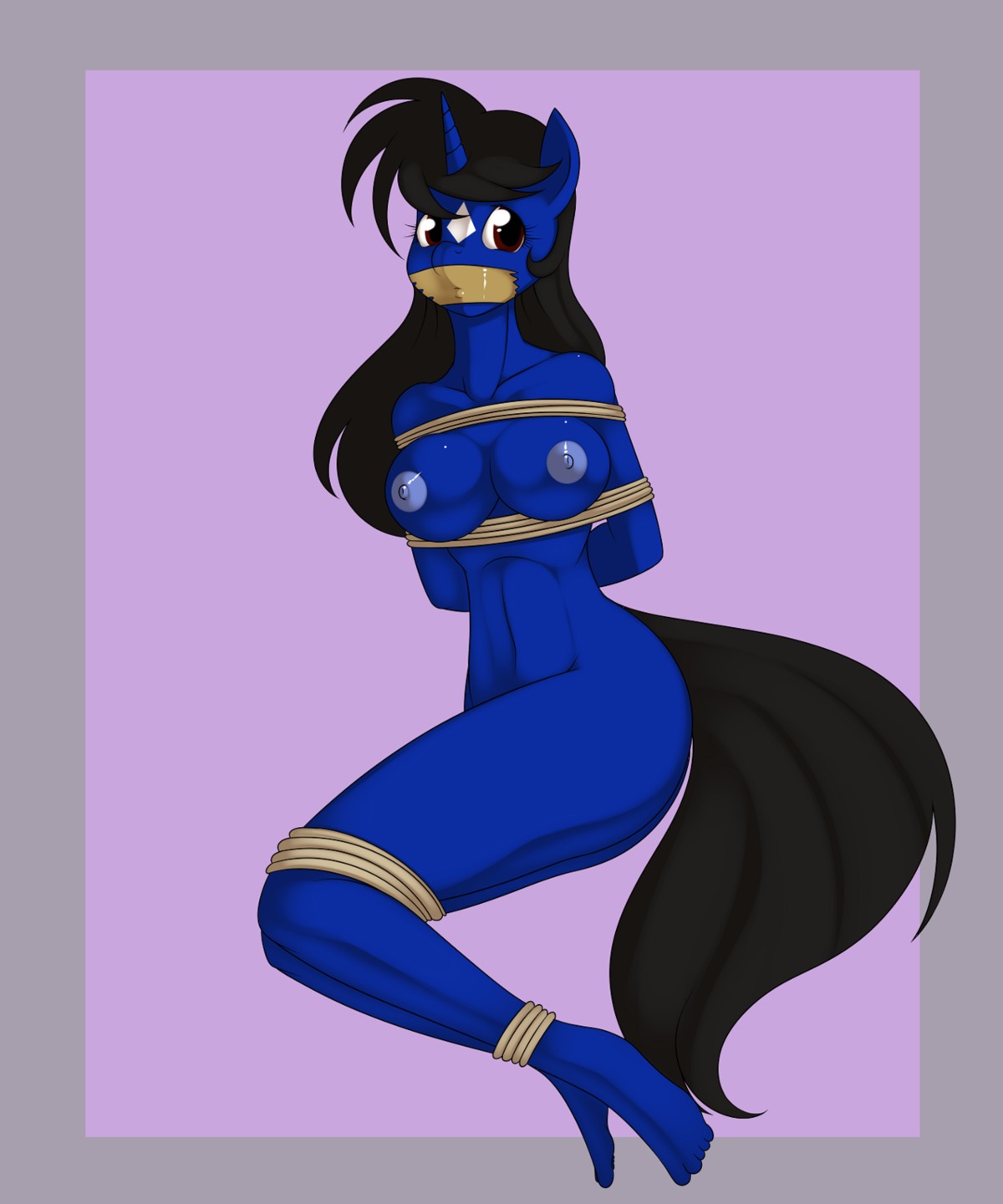 2012 5:6 anthro bdsm black_hair blue_nipples bondage bound brown_eyes digital_media_(artwork) e621 equid equine fan_character female gag gagged hair hasbro hi_res horn klodette kloudmutt looking_at_viewer mammal my_little_pony mythological_creature mythological_equine mythology nipples nude rope simple_background solo source_request submissive submissive_female tail tape tape_gag unicorn