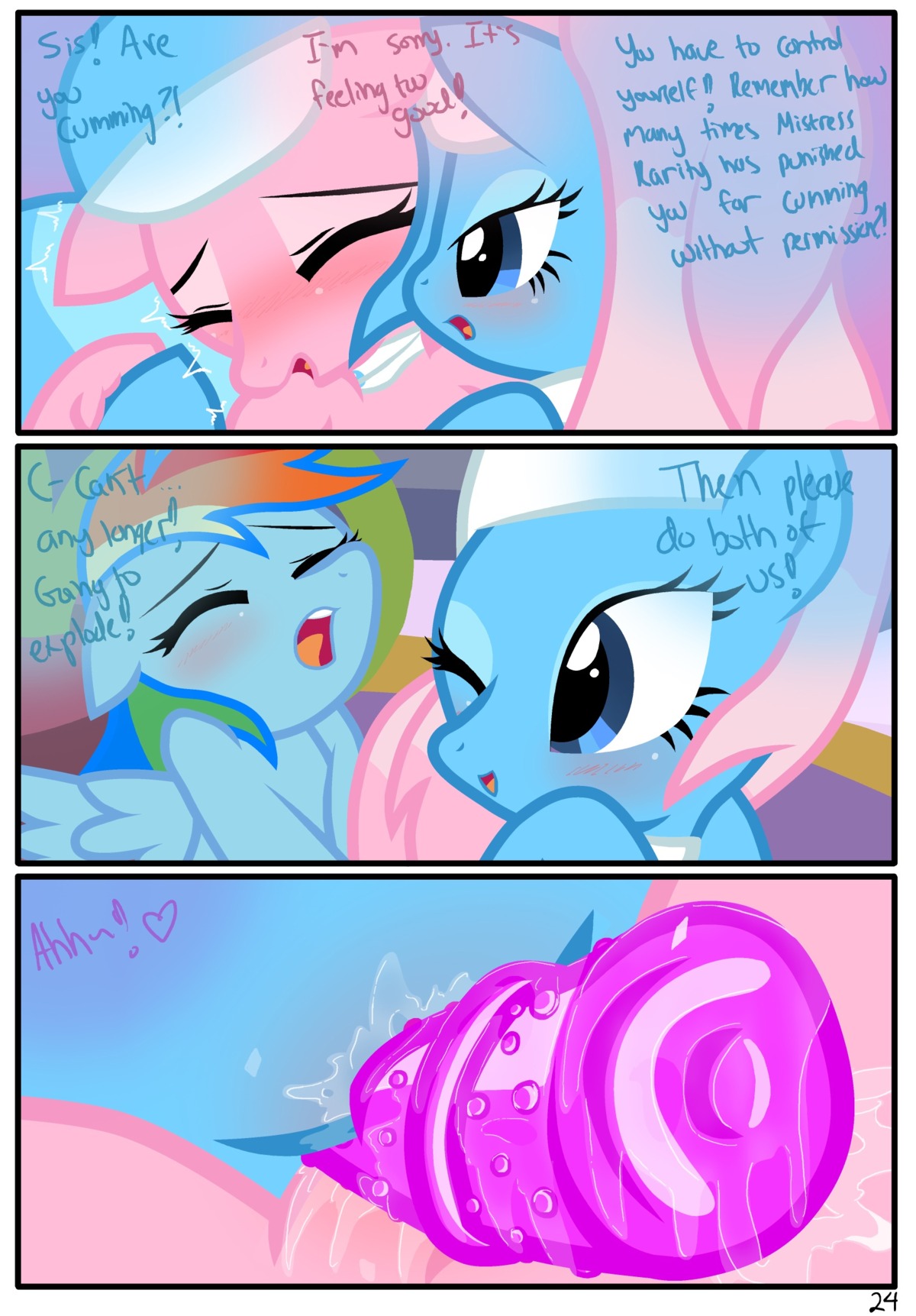 absurd_res aloe_(mlp) blue_body blue_feathers blue_fur blush bodily_fluids border comic dialogue dildo e621 earth_pony english_text equid equine feathered_wings feathers female female/female feral friendship_is_magic fur genital_fluids genitals group group_sex hair hasbro hi_res horse indirect_incest_(lore) lotus_(mlp) mammal multicolored_hair my_little_pony mythological_creature mythological_equine mythology pegasus pony pyruvate rainbow_dash_(mlp) rainbow_hair sex sex_toy sibling_(lore) spa strapon text threesome trio twins_(lore) vaginal_fluids vulva white_border wings