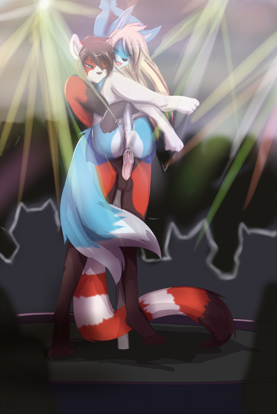 ailurid anal anal_penetration anthro audience balls canid canine carrying_another clothed clothing crossdressing crowd digital_media_(artwork) duo_focus e621 erection exhibitionism eyes_closed femboy fox genitals group hi_res hug inside legwear looking_pleasured male male/male male_penetrated male_penetrating male_penetrating_male mammal multi_tail nude one_eye_closed panties penetration penile penile_penetration penis penis_in_ass public public_sex red_panda reverse_stand_and_carry_position sex skimpy standing standing_sex stockings tail underwear voyeur zeiro