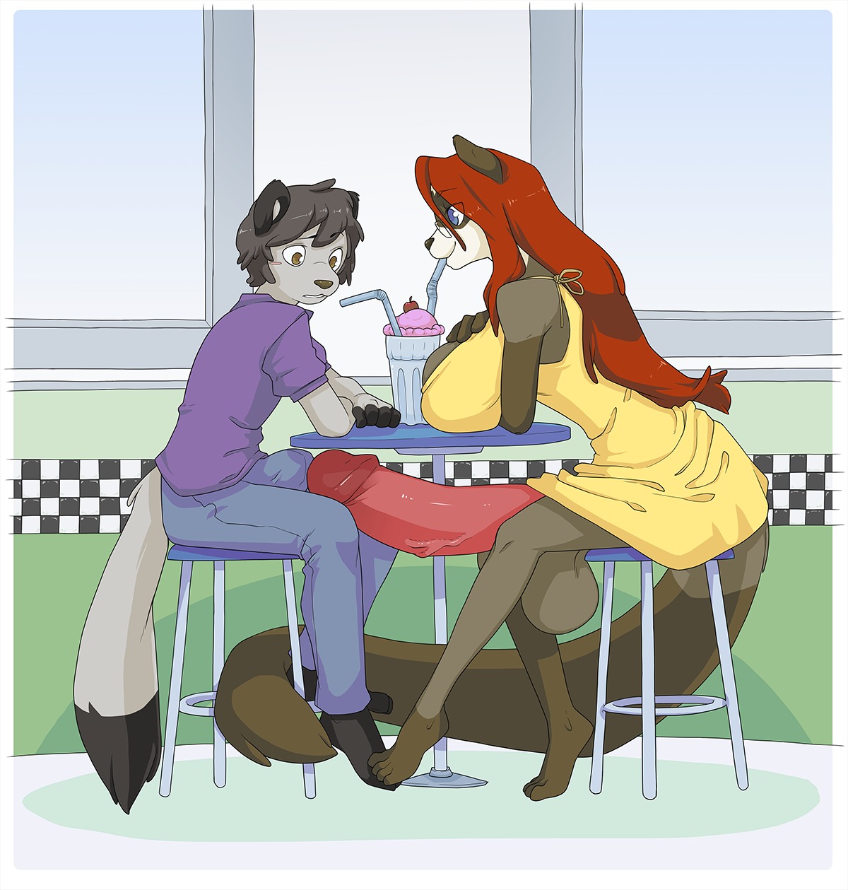 2014 4_toes anthro balls barefoot beverage big_balls big_breasts big_penis black_hair blue_eyes bottomwear breasts brown_body brown_eyes brown_fur bulge clothed clothing diner domestic_ferret dress duo e621 erection erection_under_clothing eyewear feet ferity footsie fur furniture genitals glasses grey_body grey_fur gynomorph hair hi_res huge_balls huge_breasts huge_penis humanoid_genitalia humanoid_penis hyper hyper_balls hyper_genitalia hyper_penis intersex male mammal milkshake mustelid musteline pants paws penis public public_erection red_hair restaurant shirt sitting soroxel stoat stool toes topwear true_musteline under_table weasel