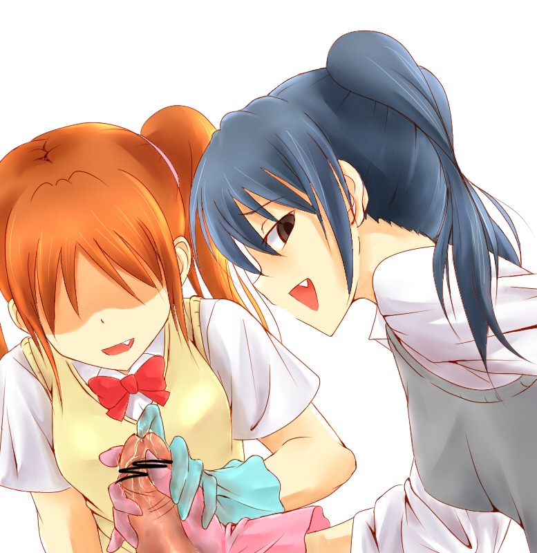 1boy 2girls bar_censor blonde_hair blue_hair brown_eyes censored danshi_koukousei_no_nichijou erection fang female gloves handjob ikushima_(danshi_koukousei) jiysahcmcc9 looking_at_viewer male open_mouth penis rule34 school_uniform simple_background smile tadakuni's_sister urethral_fingering white_background
