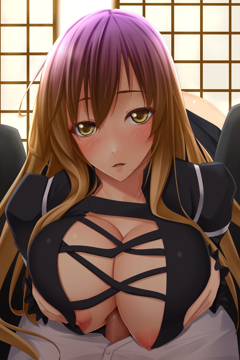 akitsuki_karasu ass breasts center_opening erect_nipples female gradient_hair hair highres hijiri_byakuren large_breasts long_hair male multicolored_hair nipple_slip nipples paizuri paizuri_under_clothes penis pov rule34 solo_focus straight touhou two-tone_hair uncensored yellow_eyes