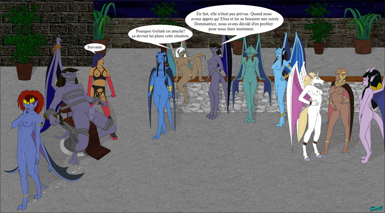 angela_(gargoyles) anklet anthro bat_wings bdsm black_hair blonde_hair blue_body blue_hair blue_skin bodily_fluids bondage bound bracelet breasts cum cum_in_vagina cum_inside cum_trail delilah_(gargoyles) demona_(gargoyles) desdemona_(gargoyles) dialogue disney dominant dominant_female e621 elisa_maza_(gargoyles) equid equine erection fab3716 female french_text gangbang gargoyle gargoyles garter_belt garter_straps genital_fluids genitals goliath_(gargoyles) group group_sex hair hooves horn human humanoid irl_trace jewelry latex leaking looking_back male mammal membrane_(anatomy) membranous_wings mythological_creature mythological_equine mythology navel nipples nude obsidiana ophelia_(gargoyles) penis pink_wings pubes public public_sex public_use red_hair reverse_gangbang sex sora_(gargoyles) submissive text translated turquesa una_(gargoyles) unicorn vulva white_hair wings