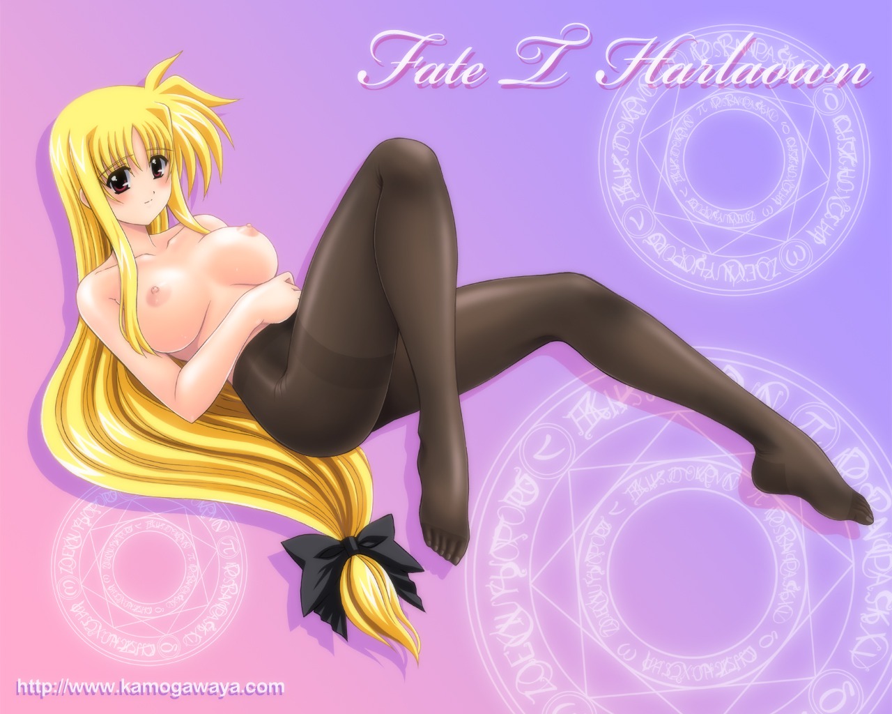 blonde_hair blush bow breasts fate_testarossa female hairbow kamogawa_tanuki kamogawaya long_hair low-tied_long_hair lyrical_nanoha magic_circle mahou_shoujo_lyrical_nanoha mahou_shoujo_lyrical_nanoha_strikers no_panties octagram oppai pantyhose red_eyes rule34 star_of_lakshmi tights topless very_long_hair wallpaper