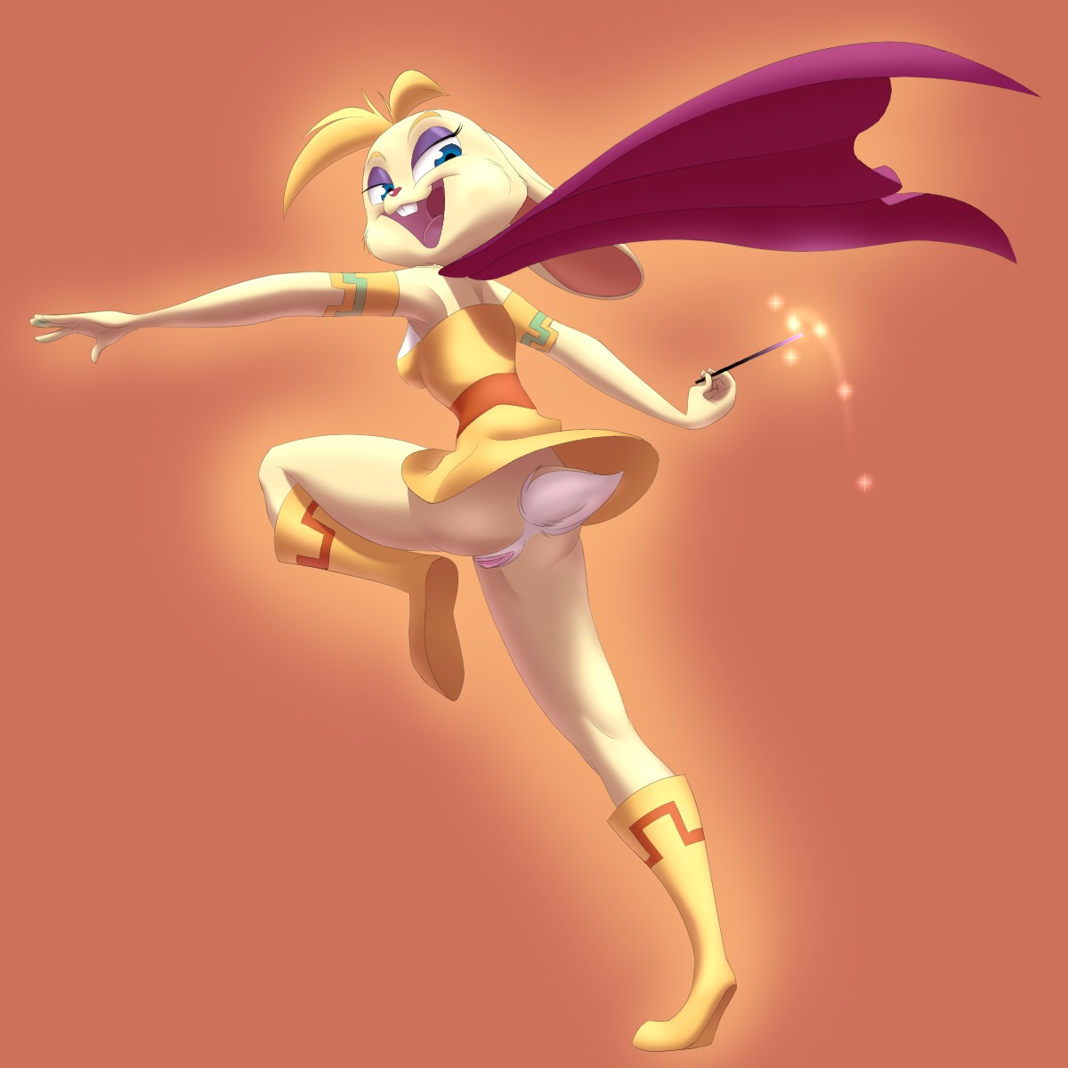 1:1 2012 activision anthro bianca_(spyro) blue_eyes bottomless butt cape clothed clothing digital_media_(artwork) dress e621 eyeofcalamity female genitals hi_res lagomorph leporid looking_at_viewer looking_back mammal rabbit solo spyro_the_dragon topwear tube_top upskirt vulva wand