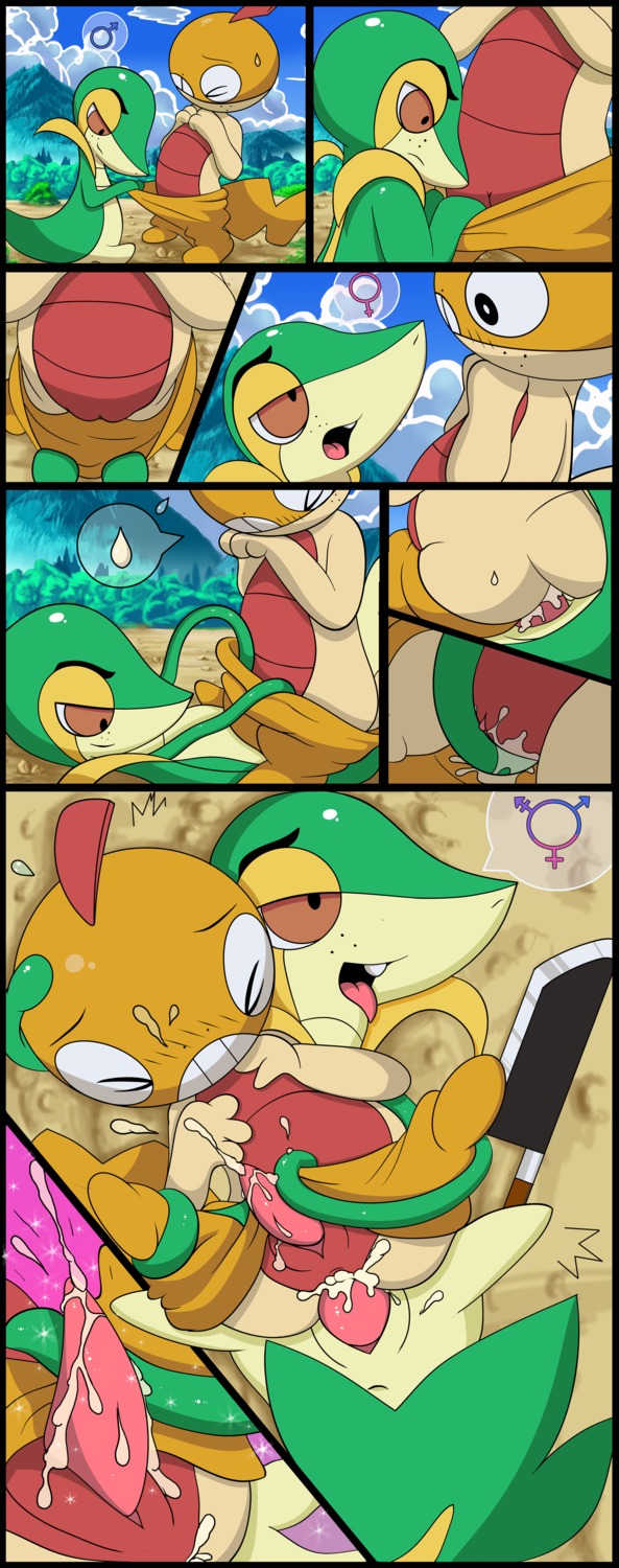 absurd_res anal anal_penetration animal_genitalia anthro anus black_eyes blush blush_lines bodily_fluids cartoon_freckles clothing comic conditional_dnp cum cum_covered cum_in_ass cum_inside cum_while_penetrated cumshot duo e621 ejaculation embarrassed erection excessive_cum excessive_genital_fluids eyes_closed female_symbol freckled_face freckles gender_confusion gender_symbol gender_transformation generation_5_pokemon genital_fluids genital_slit genitals hands-free hi_res intersex_symbol knife lying male male/male male_penetrated male_penetrating male_penetrating_male male_symbol messy nintendo on_back open_mouth orgasm orientation_play outside penetration penis pictographics plant pokemon pokemon_(species) red_eyes reptile rubbing_vulva scalie scraggy sex snivy speech_bubble spread_legs spreading sweat symbol tentacles tongue tongue_out transformation transgender_symbol tricksta undressing vines