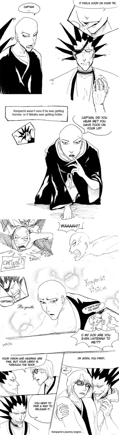 aizen_sousuke bald bleach english_text glasses kenpachi_zaraki madarame_ikkaku male male_only monochrome rule34 sosuke_aizen yaoi zaraki_kenpachi