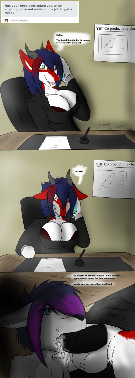 2013 absurd_res anthro anthro_on_anthro anthro_penetrated anthro_penetrating anthro_penetrating_anthro balls big_breasts biped black_penis blue_eyes bodily_fluids breasts business canid canine canis cellphone cleavage clothed clothing cum cum_in_mouth cum_inside desk dialogue digital_media_(artwork) duo e621 ejaculation electronics english_text erection fellatio fox furniture genital_fluids genitals green_eyes greeting gynomorph gynomorph/male gynomorph_penetrating gynomorph_penetrating_male hair hi_res horn hybrid intersex intersex/male intersex_penetrating intersex_penetrating_male kyera makari makarimorph male male_penetrated mammal multicolored_hair office oral oral_penetration orgasm penetration penile penis phone reptile scalie sex smartphone snake stealth_sex table text two_tone_hair under_table unprofessional_behavior wolf