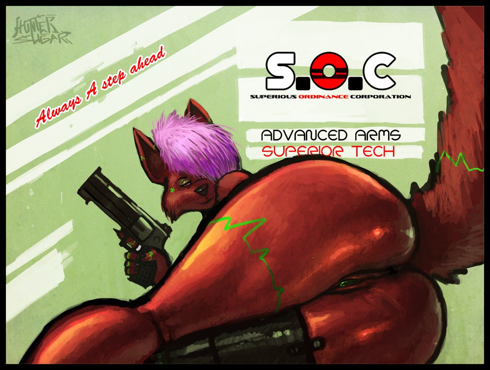 alxias anthro anus biped black_border border butt canid canine canis e621 english_text female fox genitals gun handgun holding_gun holding_object holding_ranged_weapon holding_weapon looking_at_viewer lying mammal on_side presenting presenting_hindquarters ranged_weapon revolver sligarthetiger smile solo tek_(ilusan) text vulva weapon