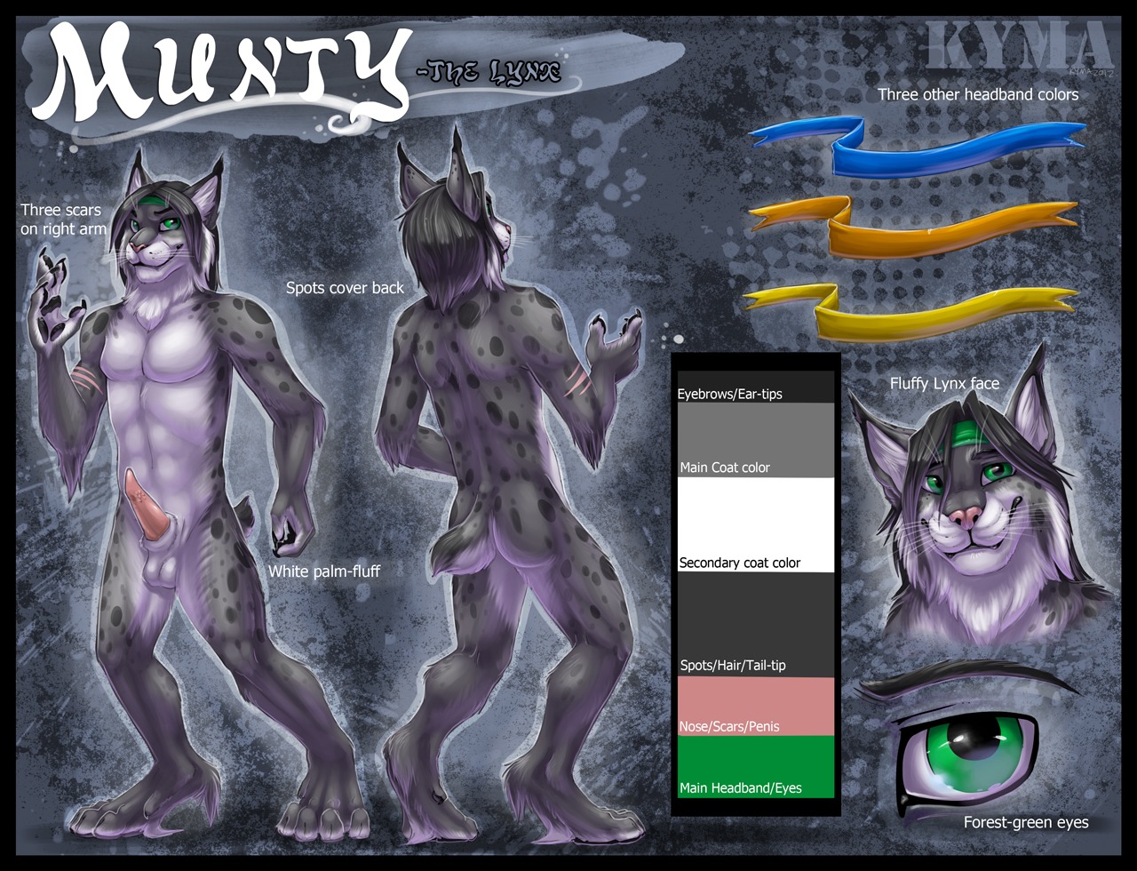 1boy anthro ass balls big_paws erection feline fluffy fur furry green_eyes grey headband hindpaw kyma lynx male male_only model_sheet munty nude paws penis rule34 smile solo spots spotted stubby_tail whiskers white_fur