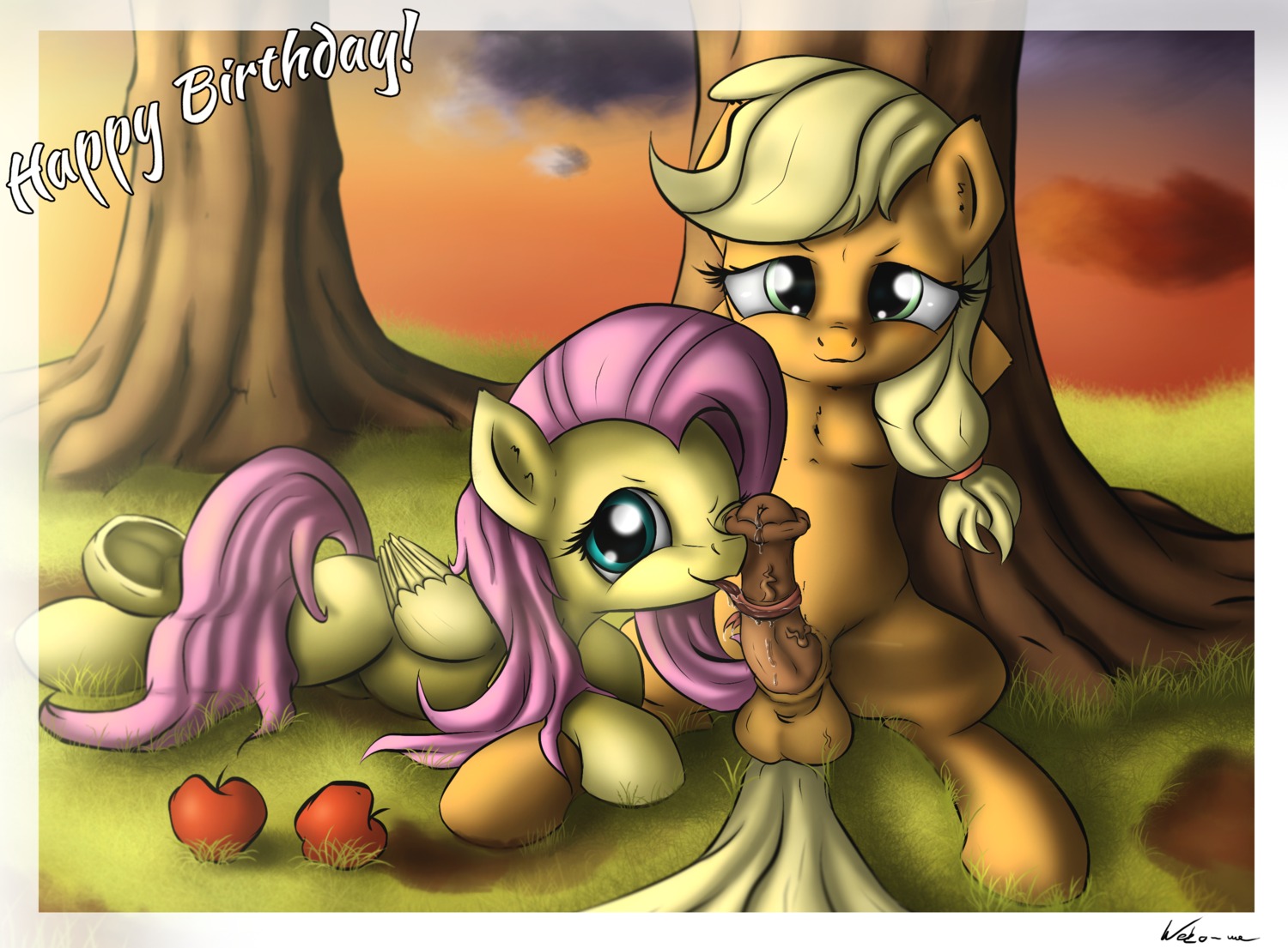 2014 animal_genitalia animal_penis apple applejack_(mlp) balls blonde_hair bodily_fluids cloud duo e621 earth_pony english_text equid equine equine_genitalia equine_penis erection feathered_wings feathers female feral fluttershy_(mlp) food friendship_is_magic fruit fur genital_fluids genitals grass green_eyes gynomorph gynomorph/female hair hasbro hi_res horse intersex intersex/female licking looking_at_viewer lying mammal my_little_pony mythological_creature mythological_equine mythology neko-me on_back on_side one_eye_closed oral orange_body orange_fur outside pegasus penile penis penis_lick pink_hair plant pony precum resting sex text tongue tongue_out tree vein wings yellow_body yellow_feathers yellow_fur